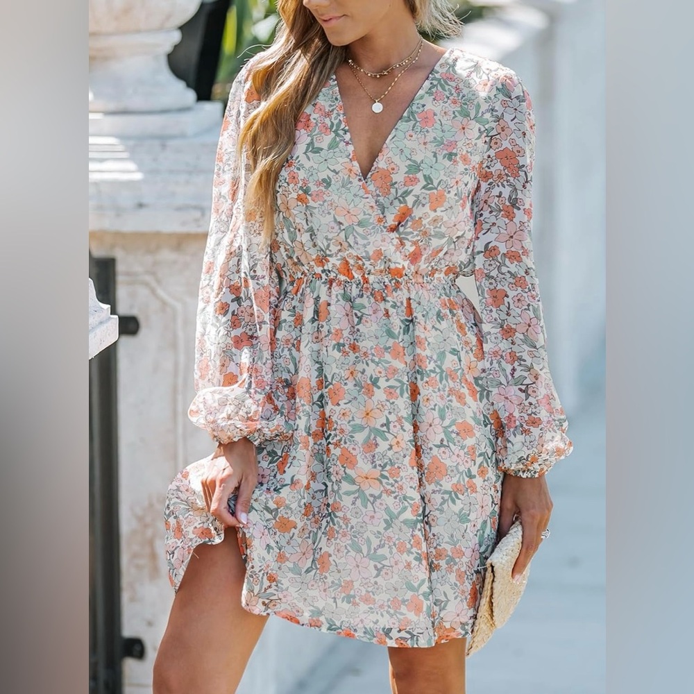 Cupshe V Neck Ditsy Floral Mini Dress Long Sleeve A Line Dress